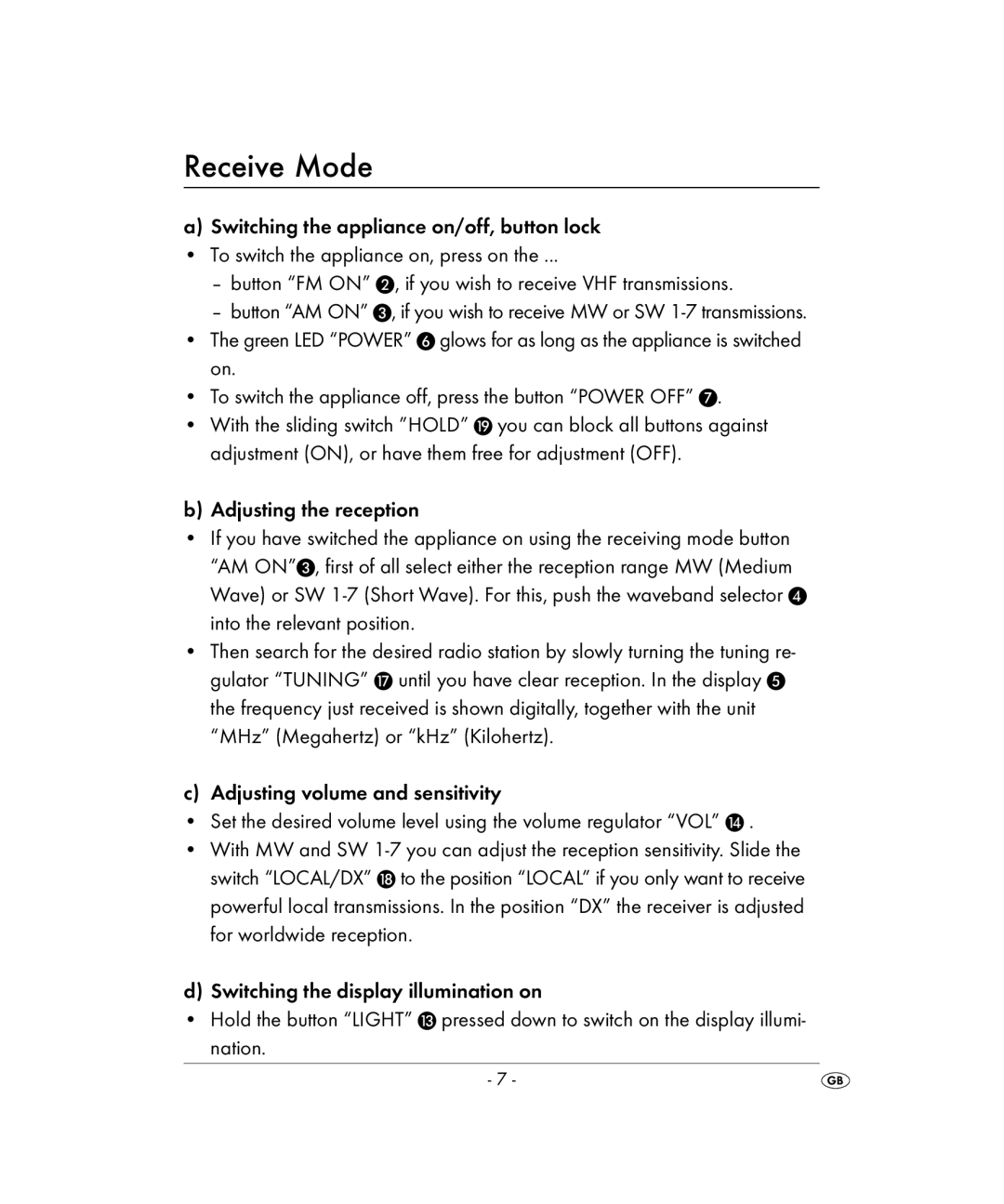 Kompernass KH 2022 manual Receive Mode 