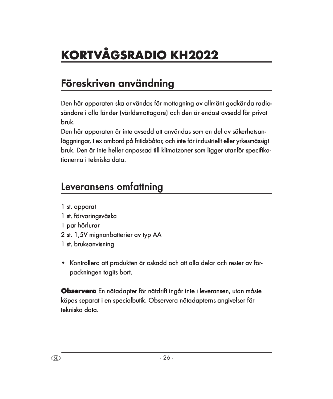 Kompernass KH 2022 manual KORTVÅGSRADIO KH2022, Föreskriven användning, Leveransens omfattning 