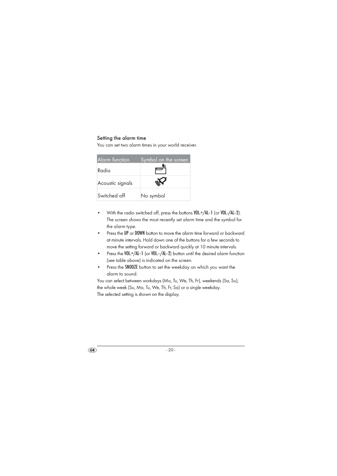 Kompernass KH 2029 manual Setting the alarm time, Radio Acoustic signals Switched off No symbol 