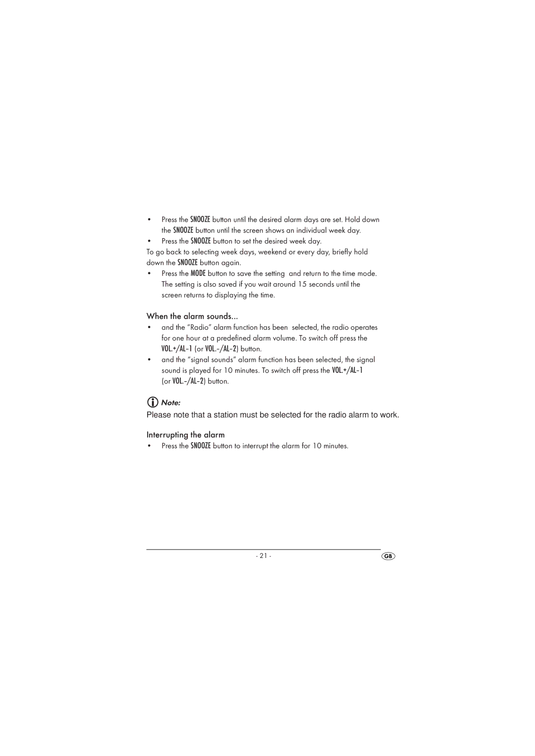 Kompernass KH 2029 manual When the alarm sounds, VOL.+/AL-1 or VOL.-/AL-2 button, Interrupting the alarm 