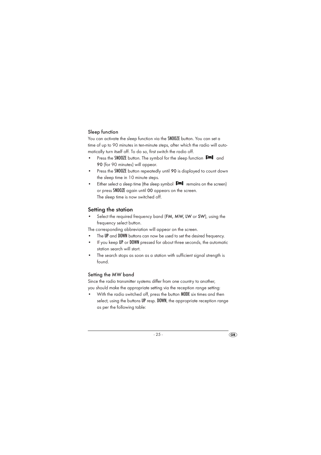 Kompernass KH 2029 manual Setting the station, Sleep function, Setting the MW band 