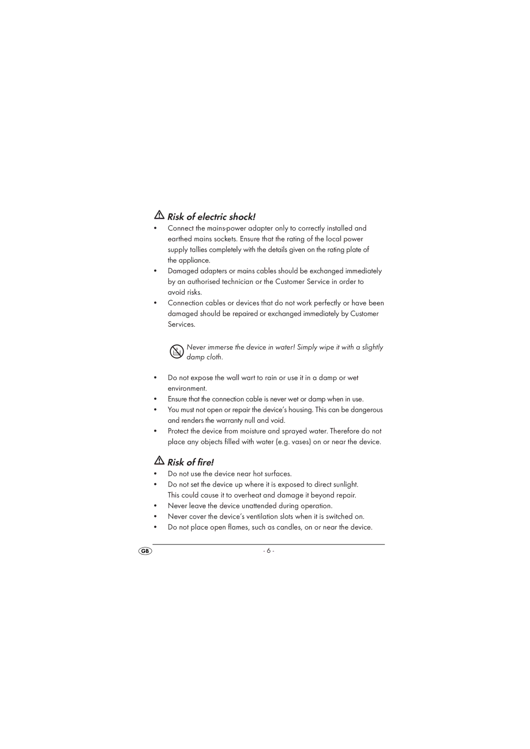 Kompernass KH 2029 manual Risk of electric shock 