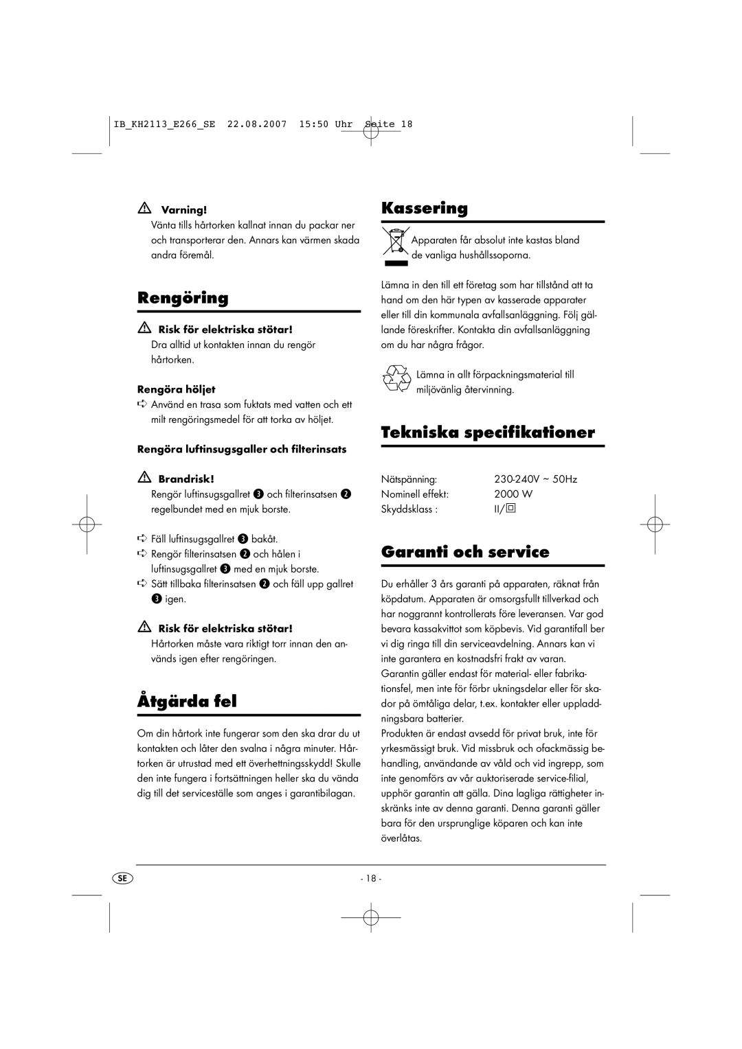 Kompernass KH 2113 operating instructions Rengöring, Åtgärda fel, Kassering, Tekniska specifikationer, Garanti och service 