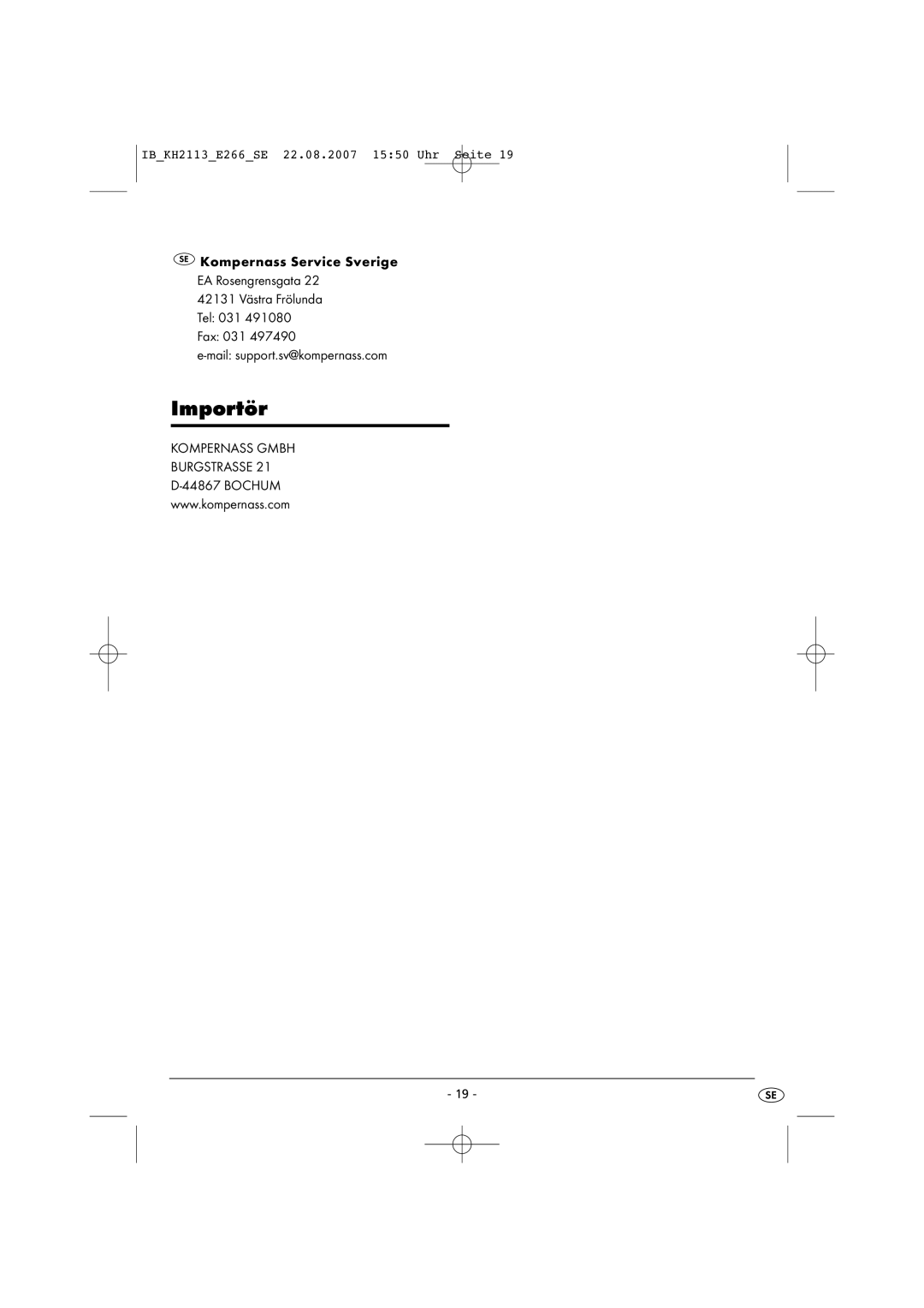 Kompernass KH 2113 operating instructions Importör, Kompernass Service Sverige EA Rosengrensgata 