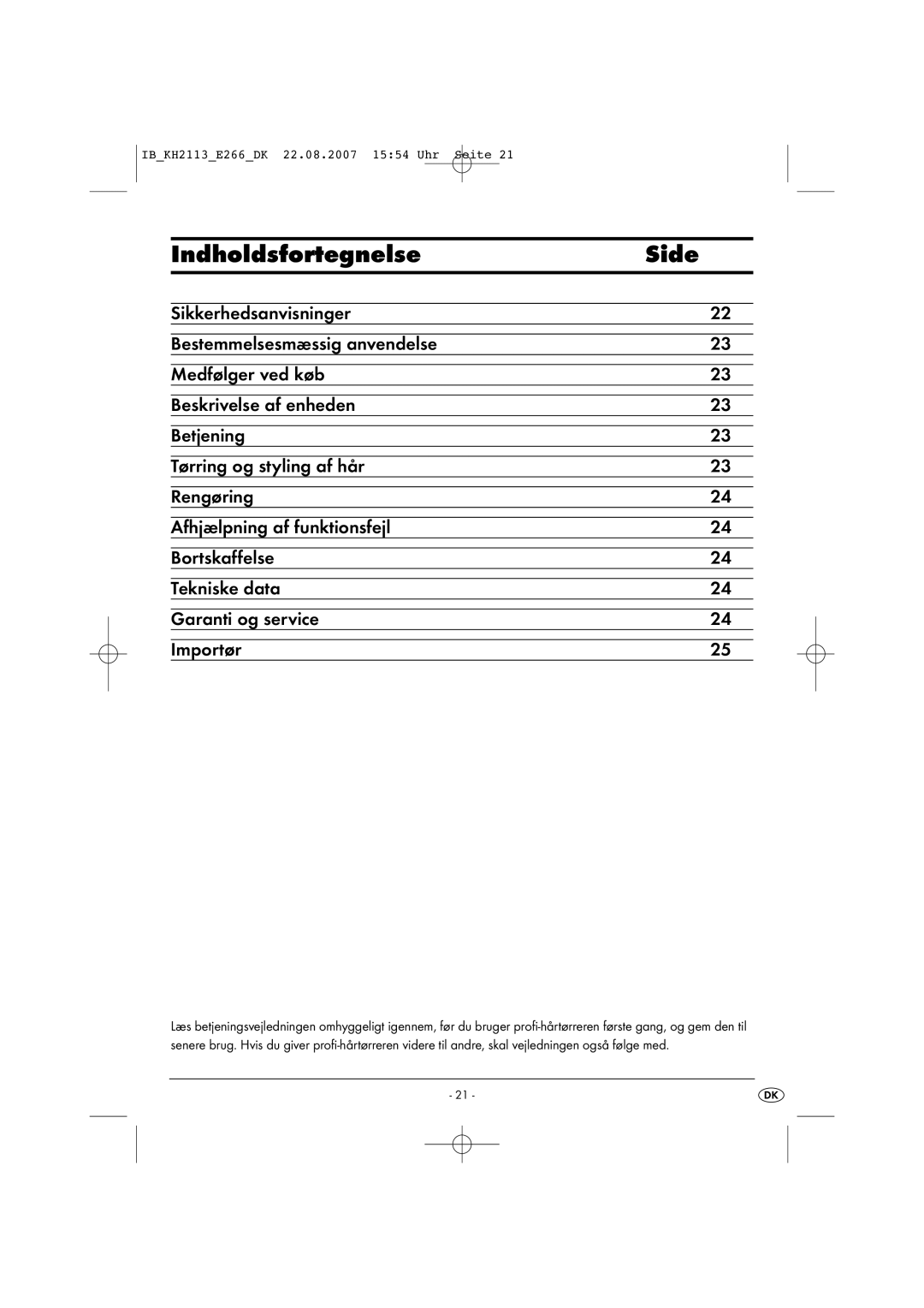 Kompernass KH 2113 operating instructions Indholdsfortegnelse Side 