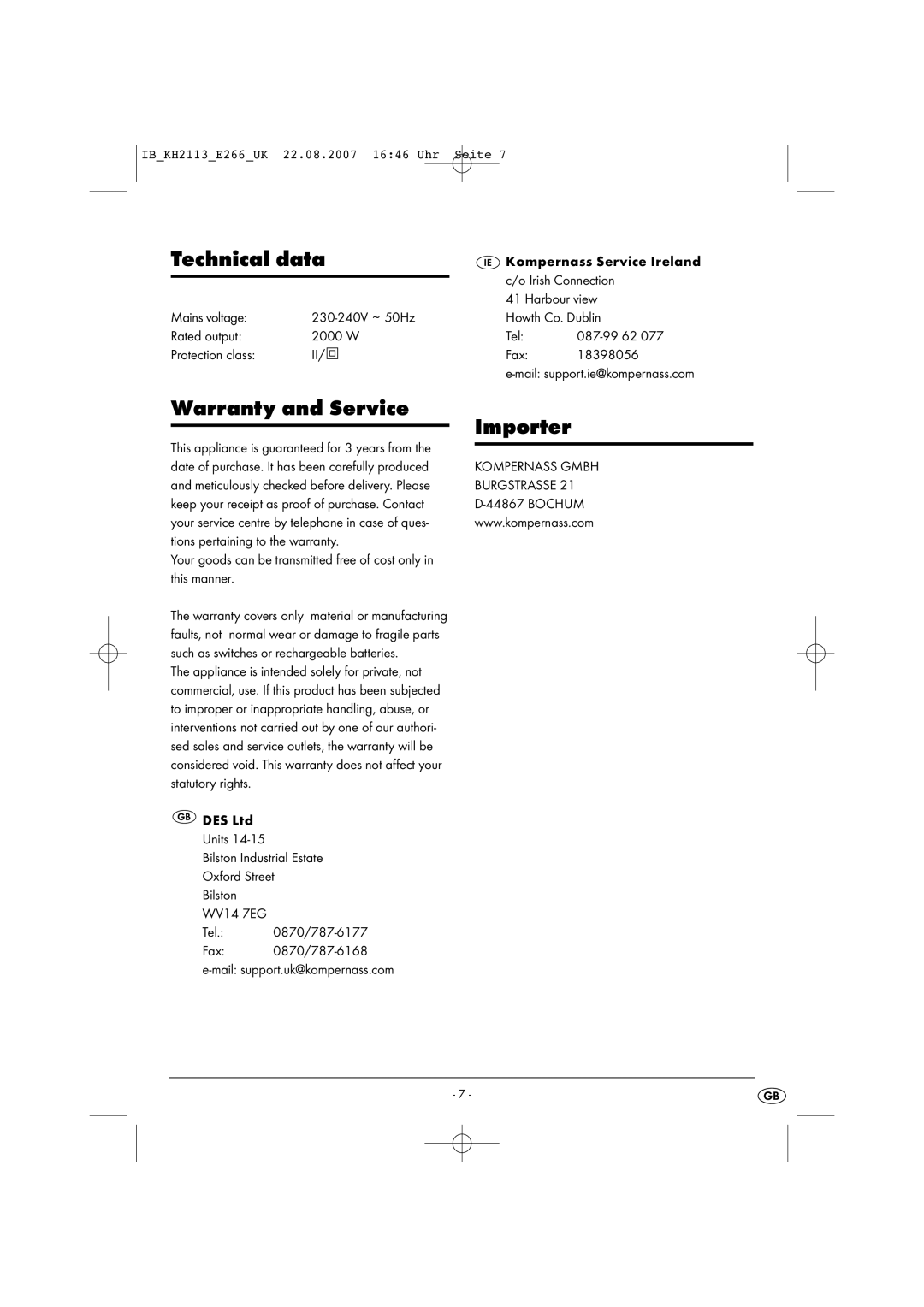 Kompernass KH 2113 operating instructions Technical data, Warranty and Service Importer 