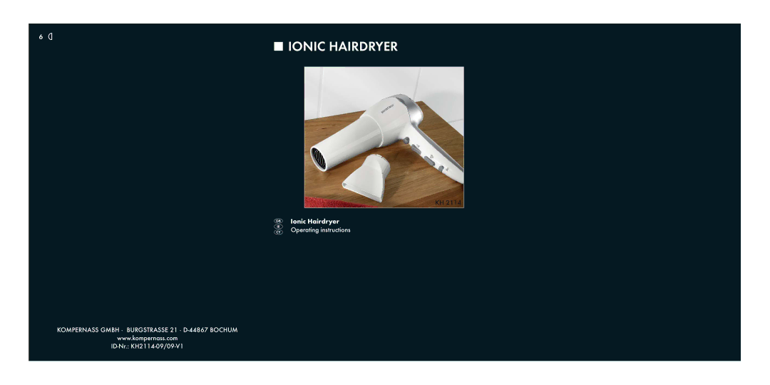 Kompernass KH 2114 operating instructions Ionic Hairdryer 