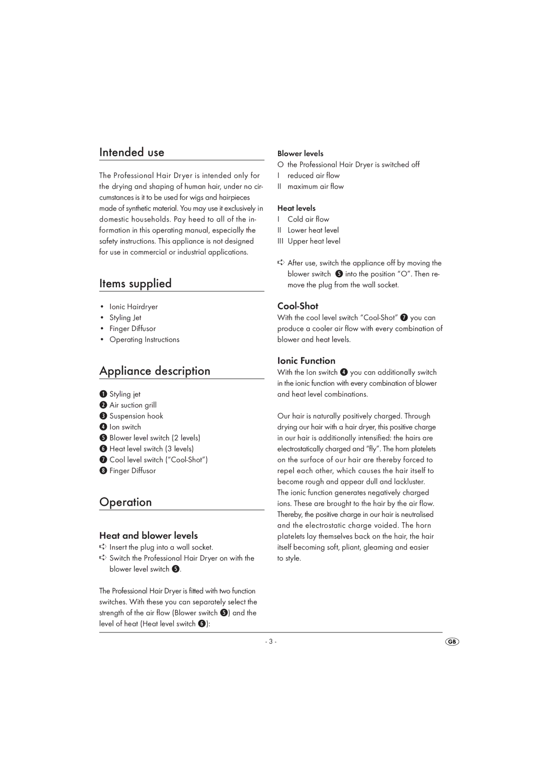 Kompernass KH 2114 operating instructions Intended use, Items supplied, Appliance description, Operation 