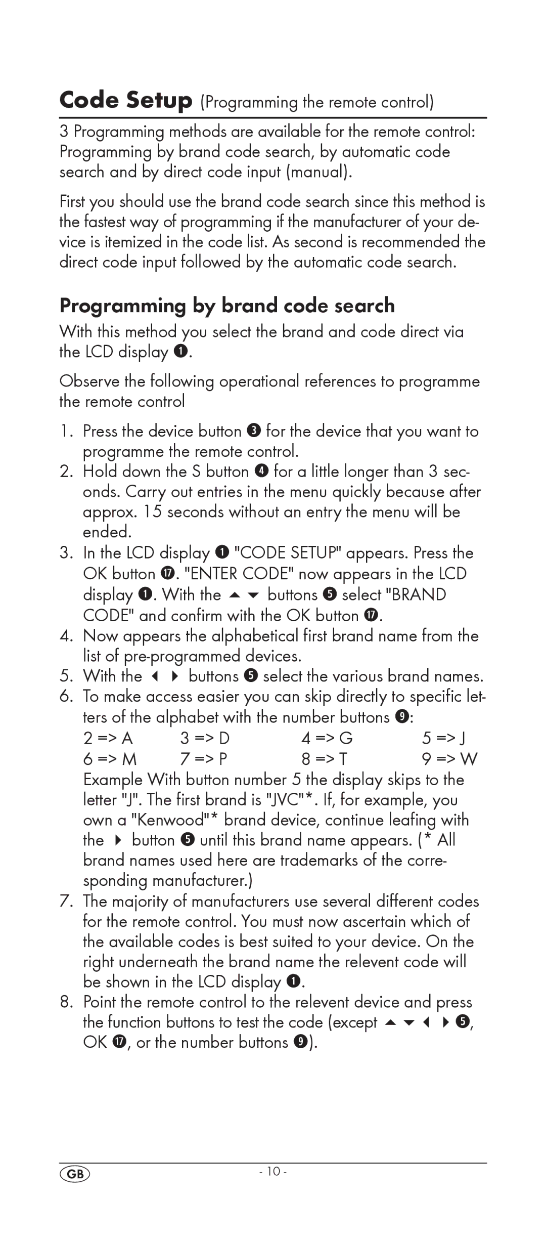 Kompernass KH 2156 manual Programming by brand code search, Code Setup Programming the remote control 