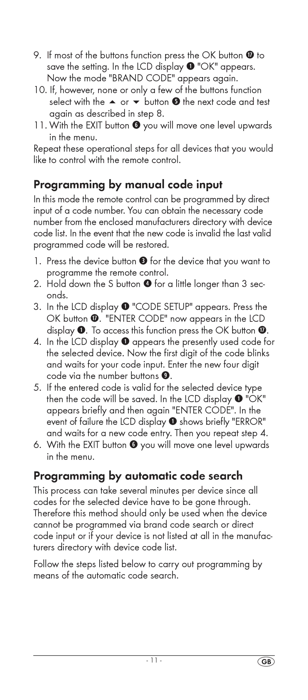 Kompernass KH 2156 Programming by manual code input, Programming by automatic code search 