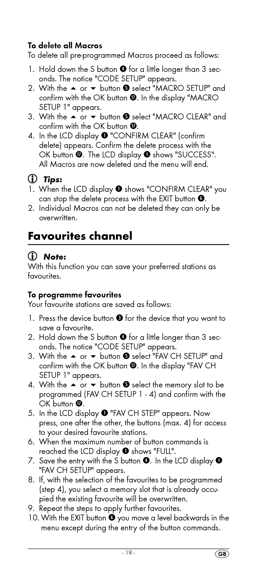 Kompernass KH 2156 manual Favourites channel, To delete all Macros, Repeat the steps to apply further favourites 