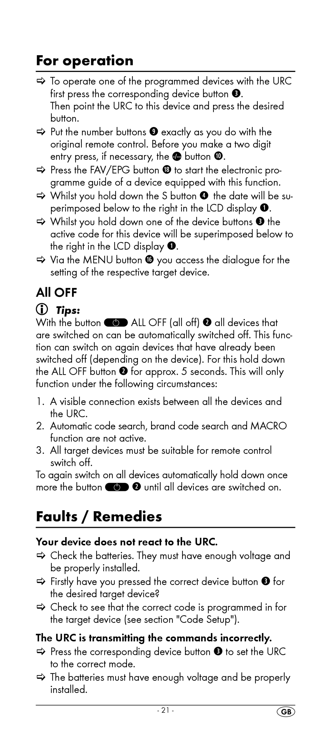 Kompernass KH 2156 manual For operation, Faults / Remedies, All OFF 