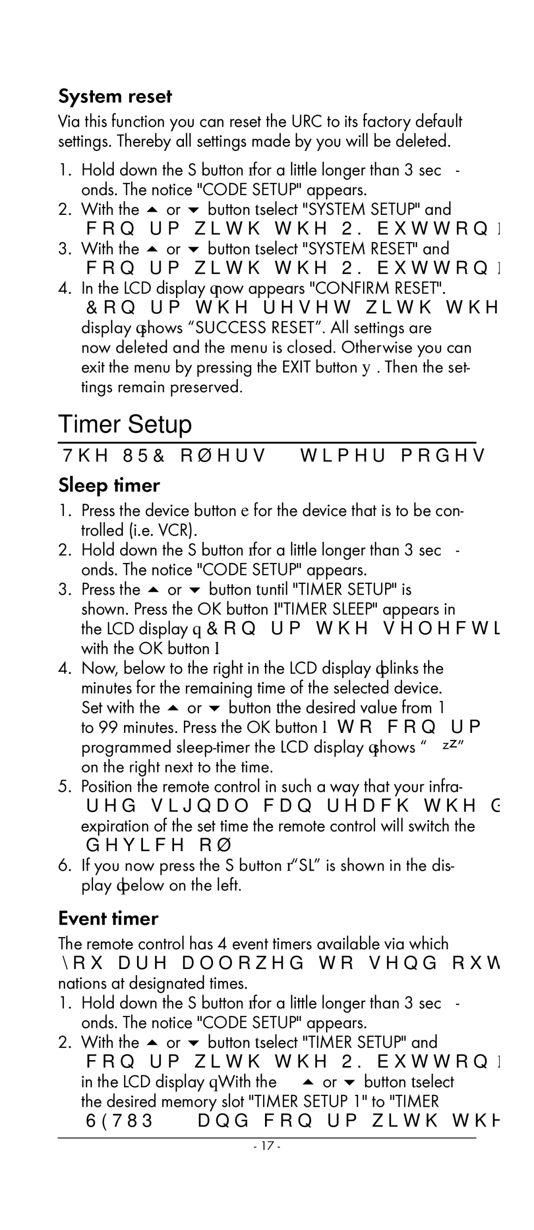 Kompernass KH 2159 manual Timer Setup, System reset, Sleep timer, Event timer, Setup 4 and confirm with the OK button l 