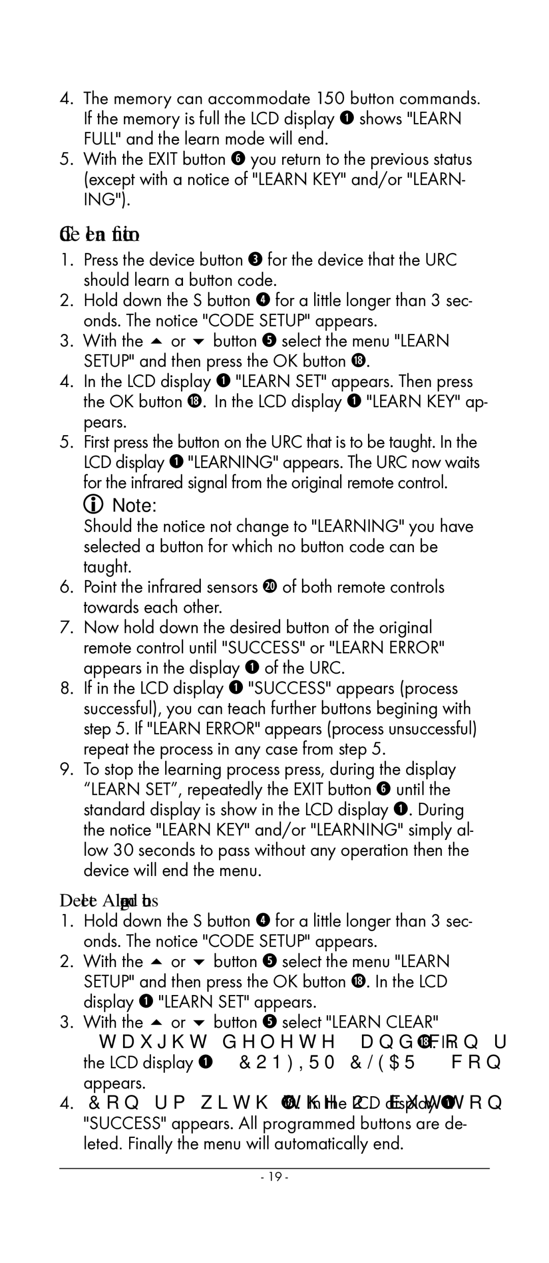 Kompernass KH 2159 manual Code learn function, Delete All programmed buttons 