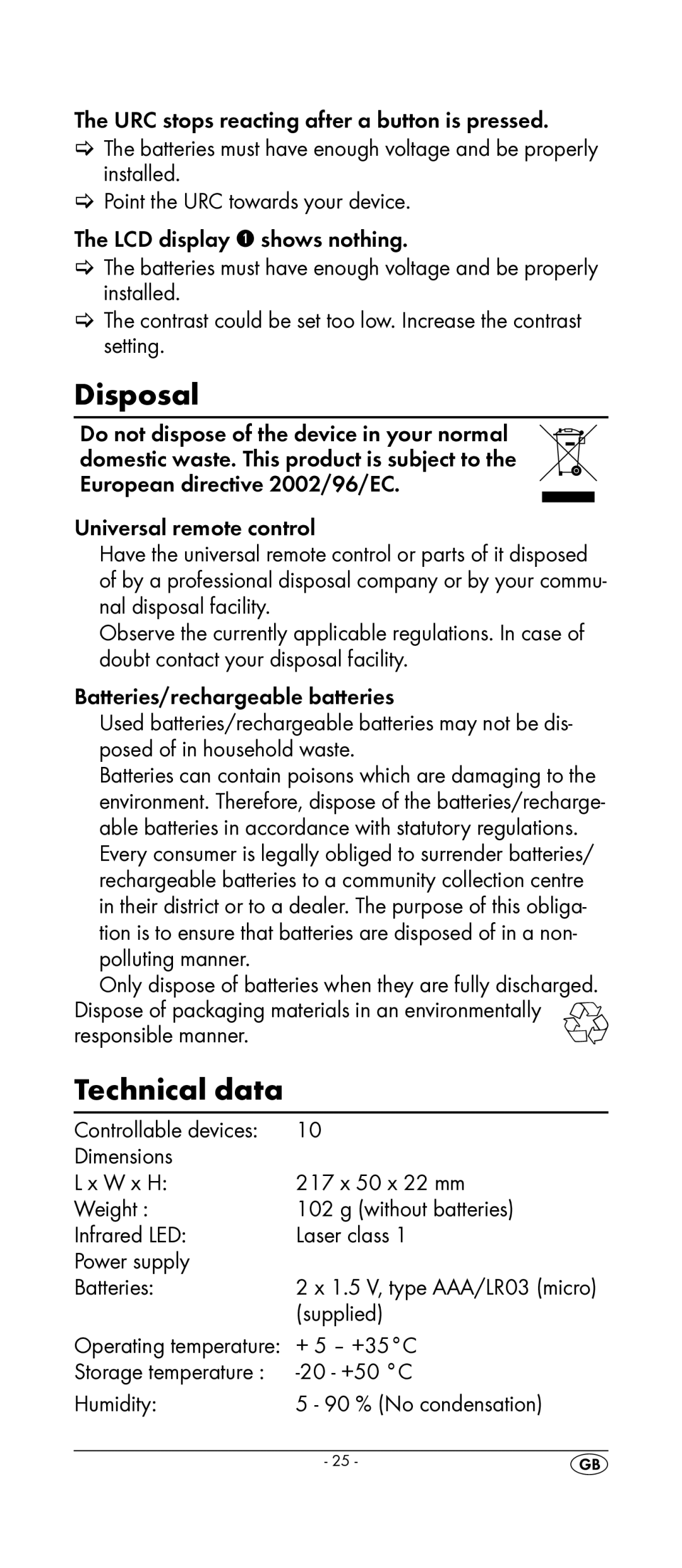 Kompernass KH 2159 manual Disposal, Technical data 