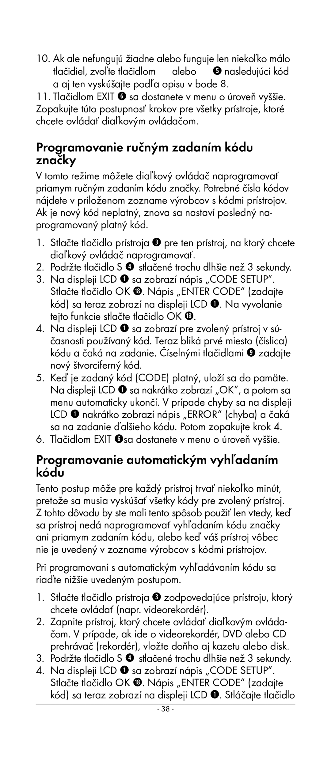 Kompernass KH 2159 manual Programovanie ručným zadaním kódu značky, Programovanie automatickým vyhľadaním kódu 