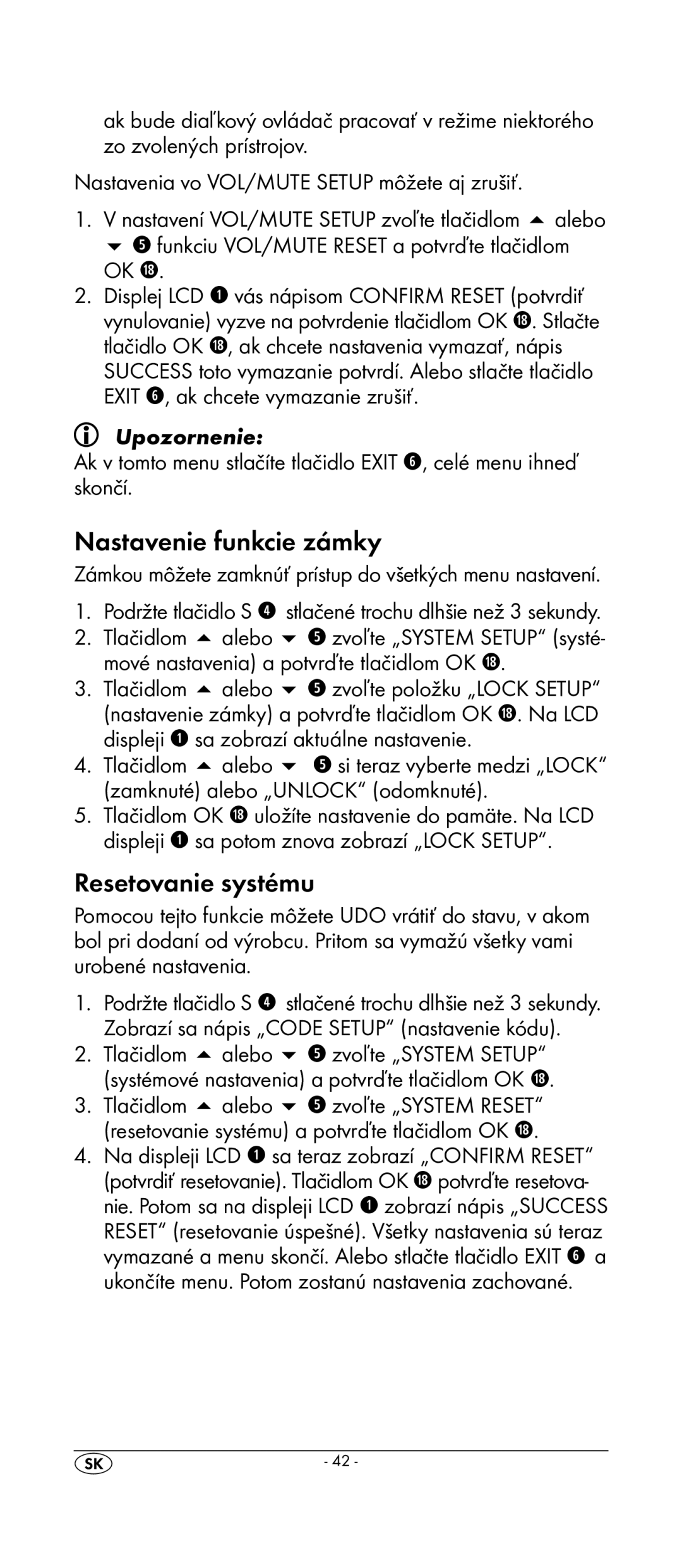 Kompernass KH 2159 manual Nastavenie funkcie zámky, Resetovanie systému, OK l 