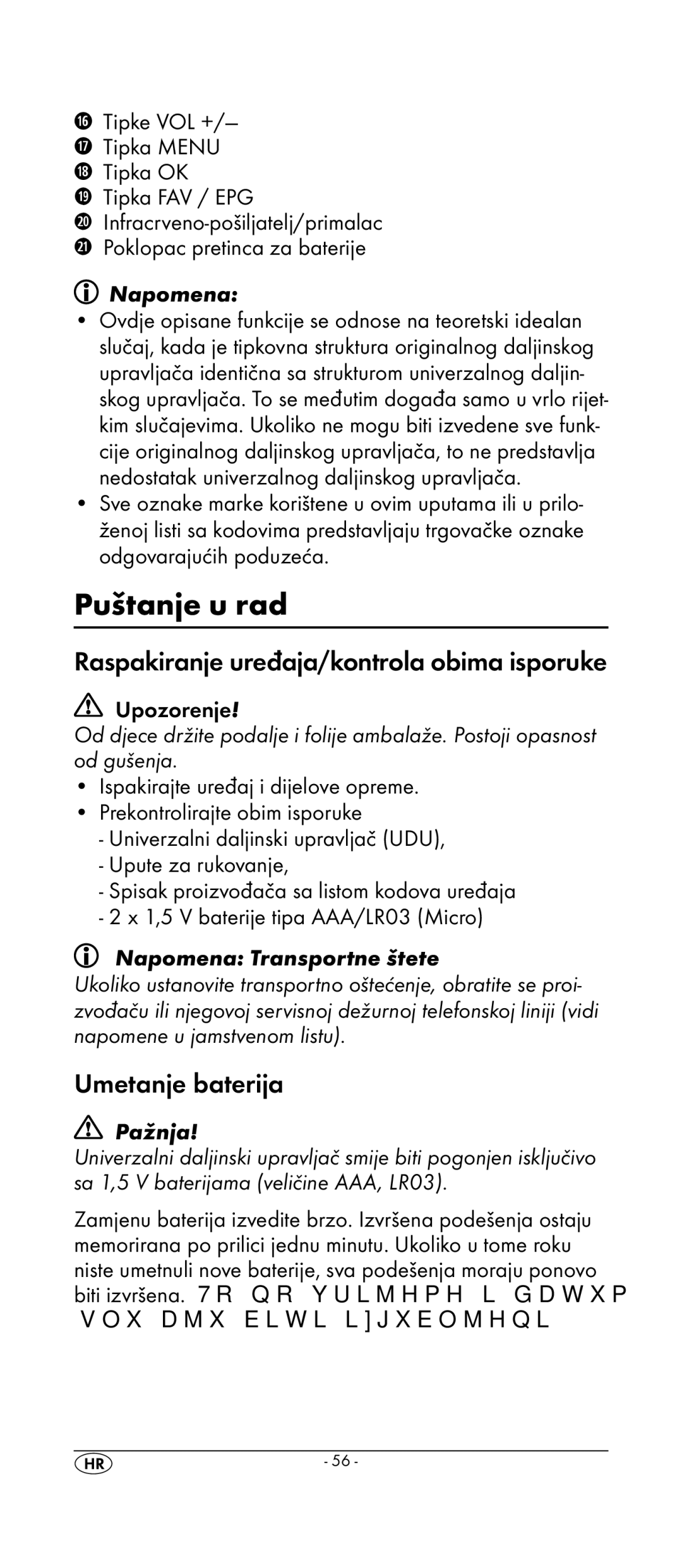 Kompernass KH 2159 manual Puštanje u rad, Raspakiranje uređaja/kontrola obima isporuke, Umetanje baterija, Tipka FAV / EPG 