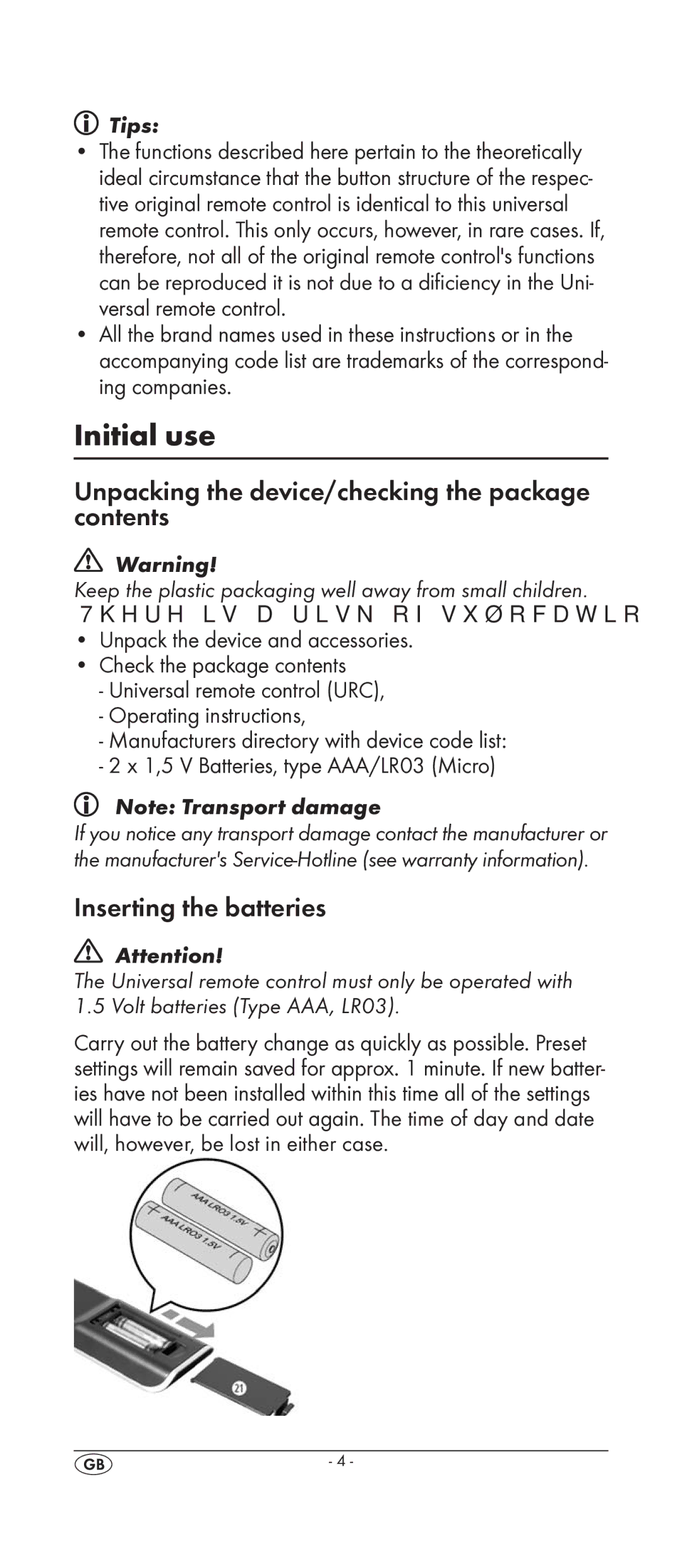 Kompernass KH 2159 manual Initial use, Unpacking the device/checking the package contents, Inserting the batteries 