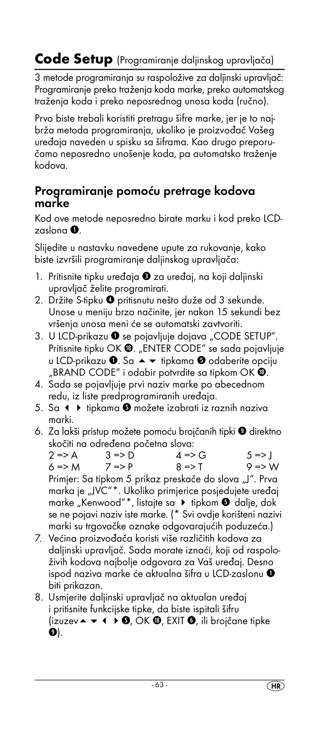 Kompernass KH 2159 manual Programiranje pomoću pretrage kodova marke, Code Setup Programiranje daljinskog upravljača 