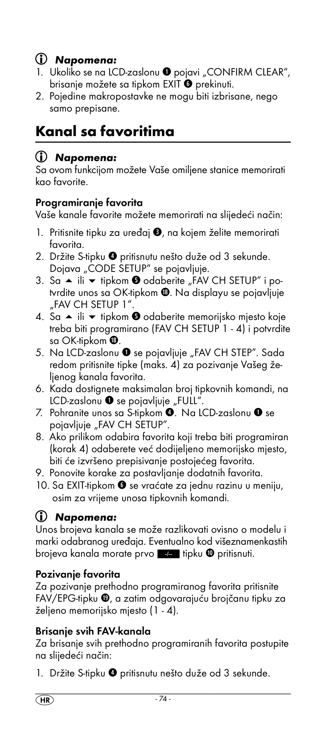 Kompernass KH 2159 Kanal sa favoritima, Ponovite korake za postavljanje dodatnih favorita, Brojeva kanala morate prvo 