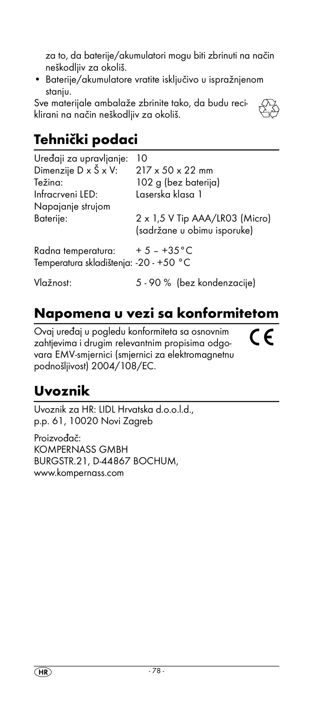 Kompernass KH 2159 manual Tehnički podaci, Napomena u vezi sa konformitetom, Uvoznik, Sadržane u obimu isporuke, Proizvođač 