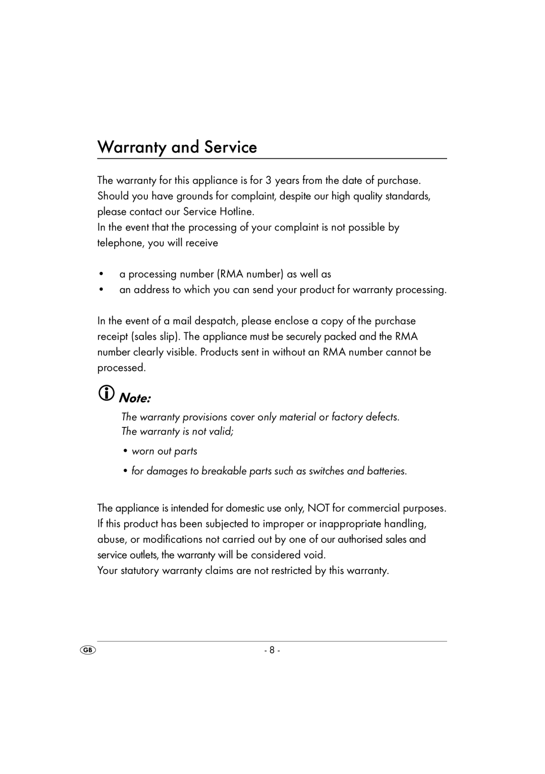 Kompernass KH 2170 operating instructions Warranty and Service 