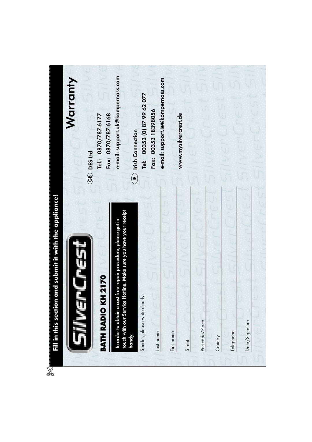 Kompernass KH 2170 operating instructions Warranty 