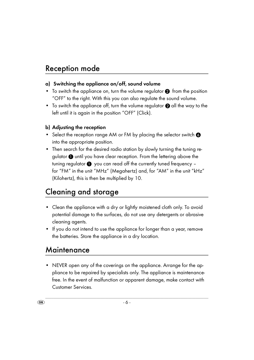 Kompernass KH 2170 Reception mode, Cleaning and storage, Maintenance, Switching the appliance on/off, sound volume 