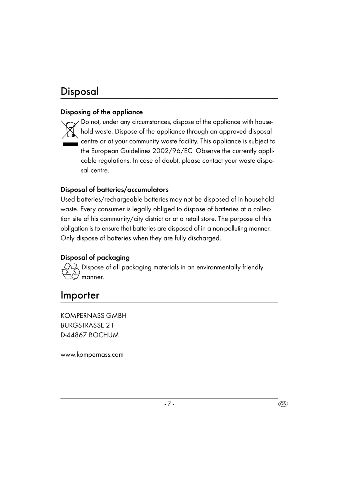 Kompernass KH 2170 Importer, Disposing of the appliance, Disposal of batteries/accumulators, Bochum 