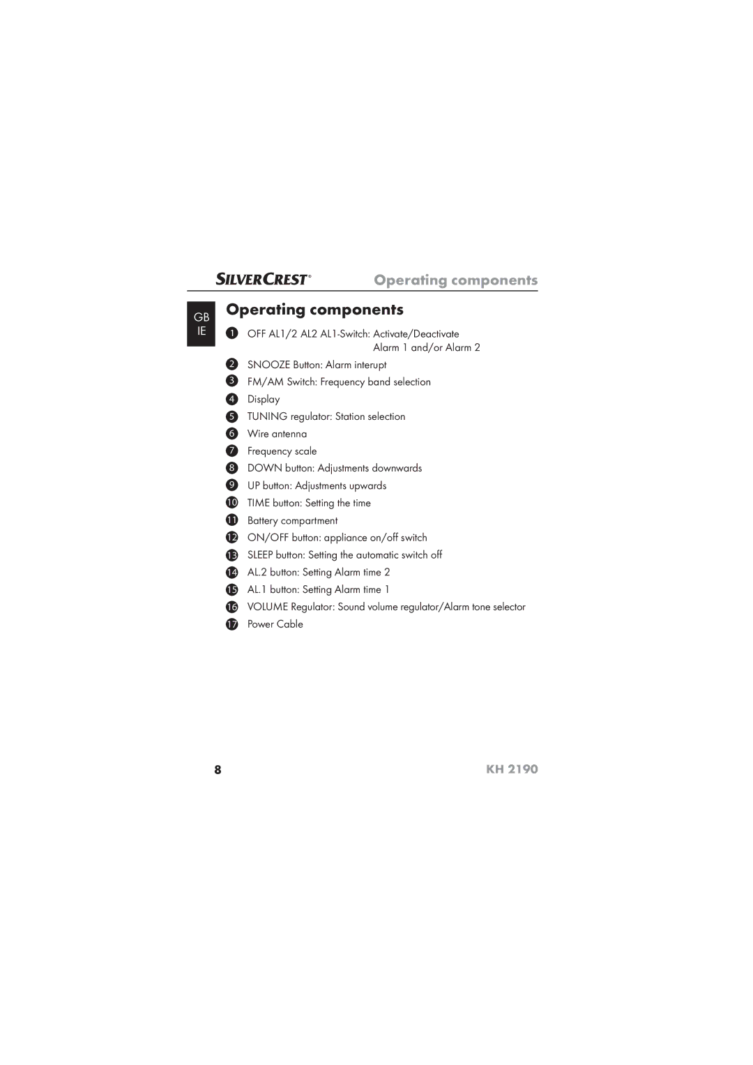 Kompernass KH 2190 operating instructions Operating components, Power Cable 