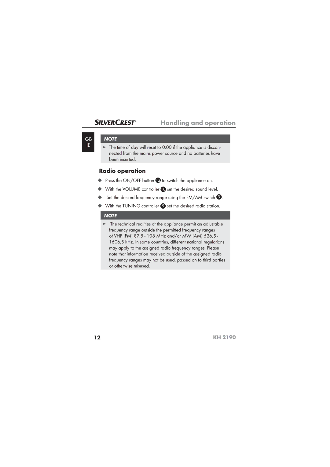 Kompernass KH 2190 operating instructions Radio operation 