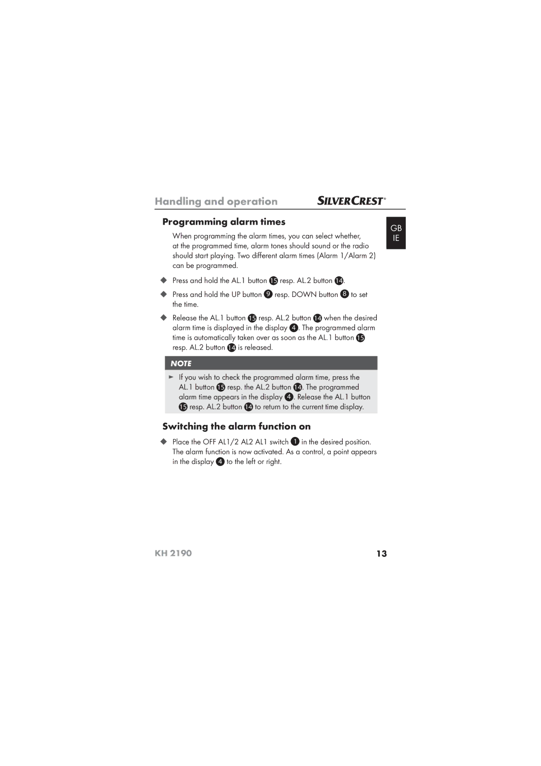 Kompernass KH 2190 operating instructions Programming alarm times, Switching the alarm function on 