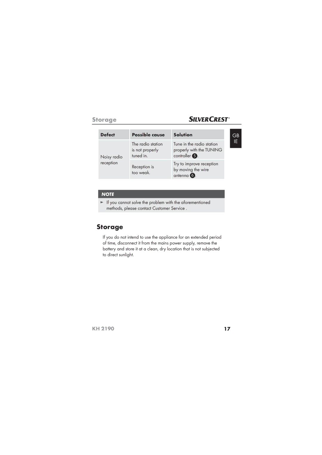 Kompernass KH 2190 operating instructions Storage 