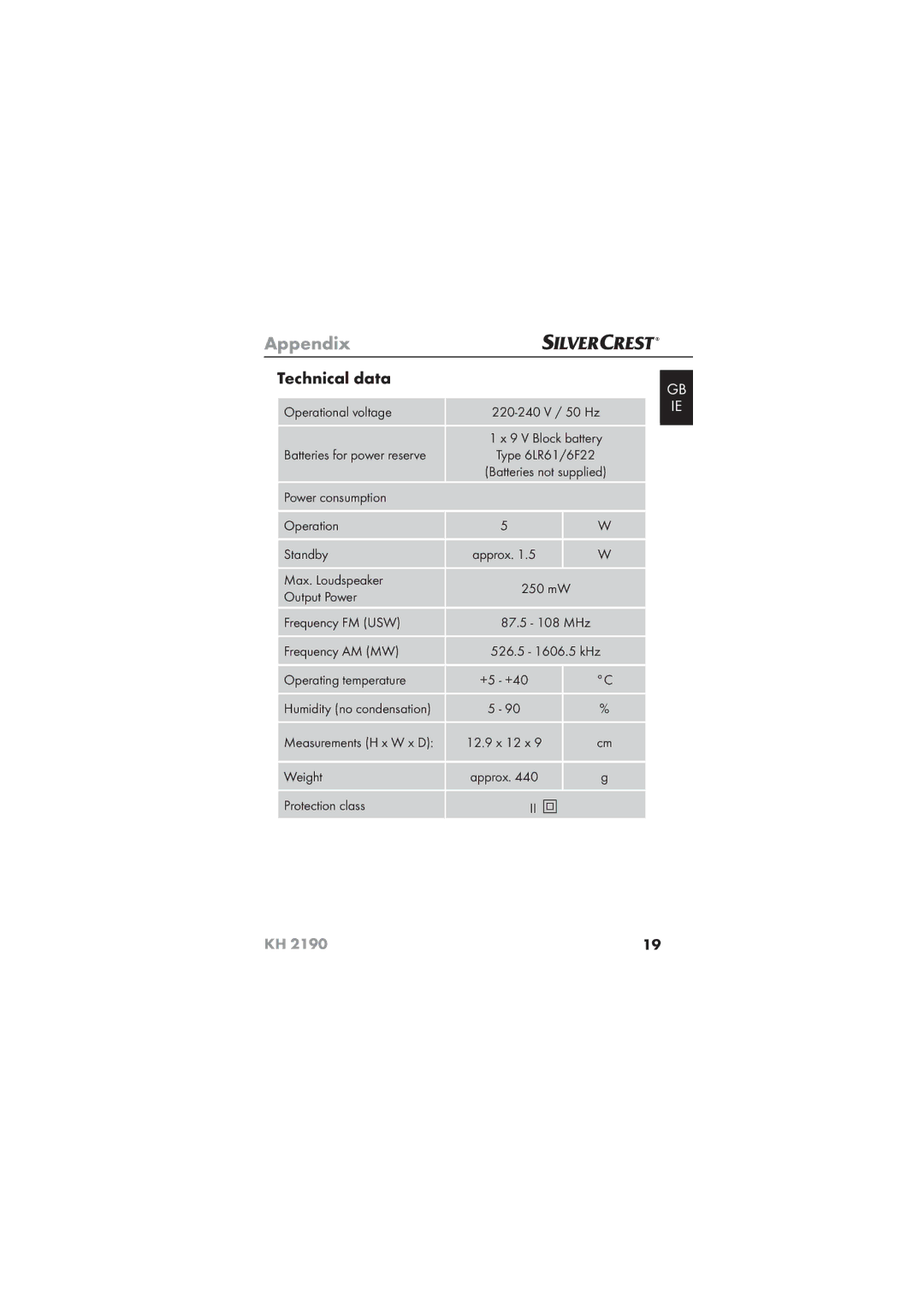 Kompernass KH 2190 operating instructions Technical data 