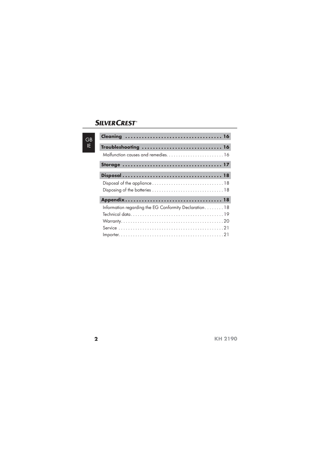 Kompernass KH 2190 operating instructions Appendix, Technical data Warranty Service Importer 