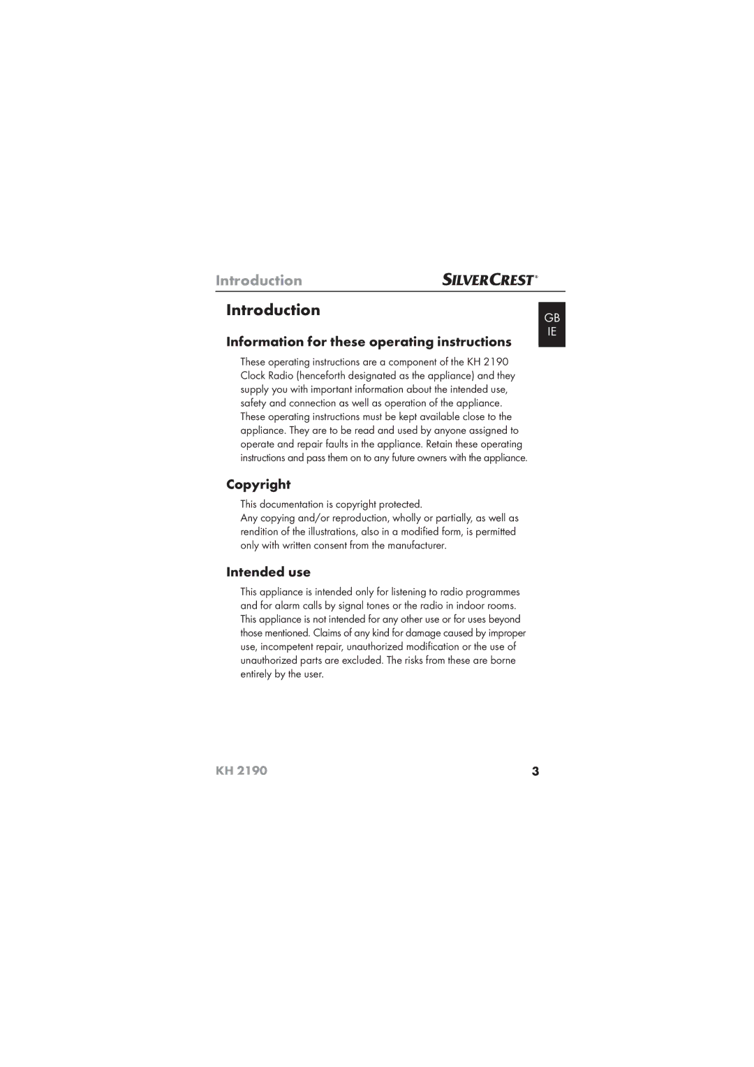 Kompernass KH 2190 Introduction, Information for these operating instructions, Copyright, Intended use 