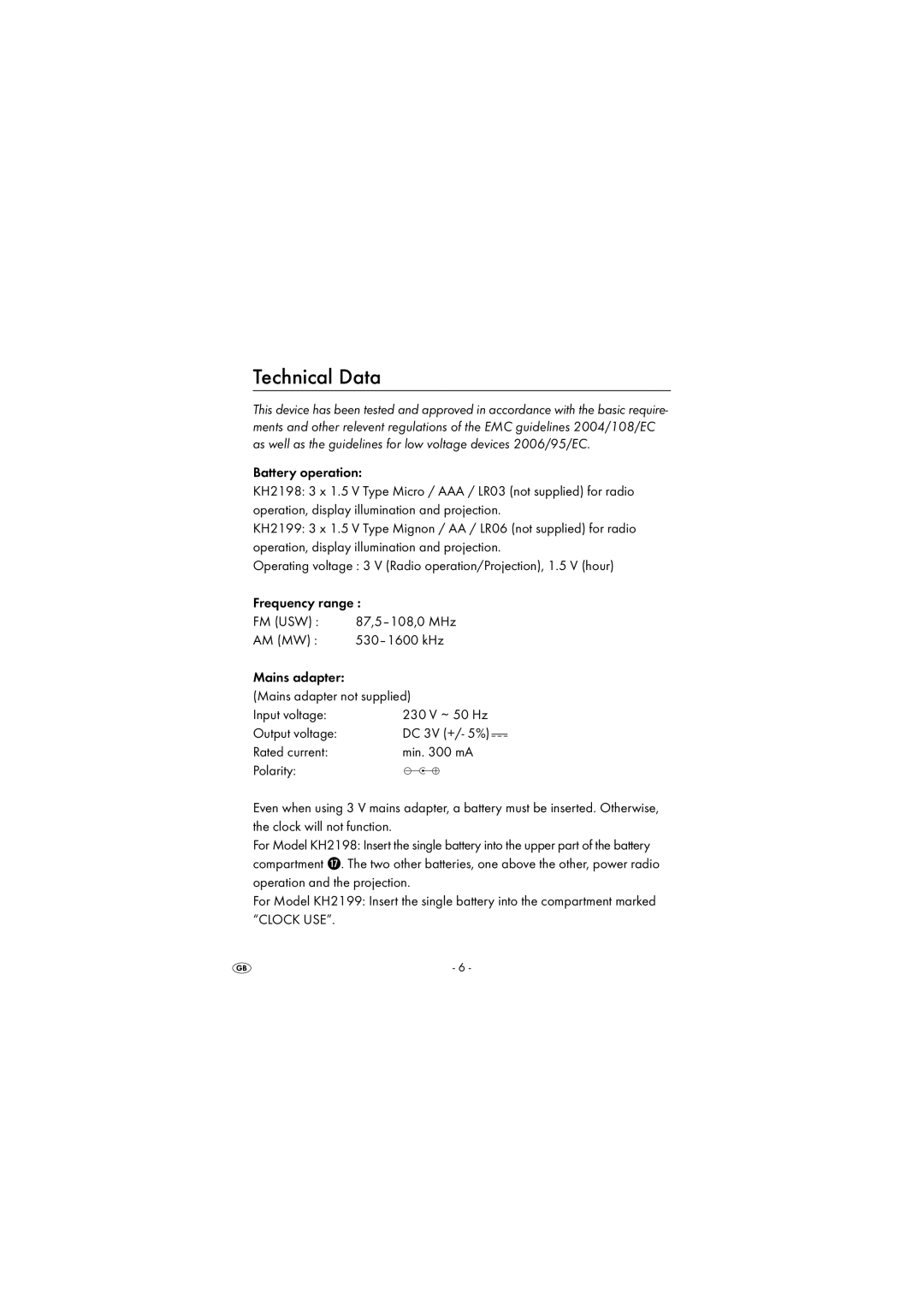 Kompernass KH 2199, KH 2198 manual Technical Data 