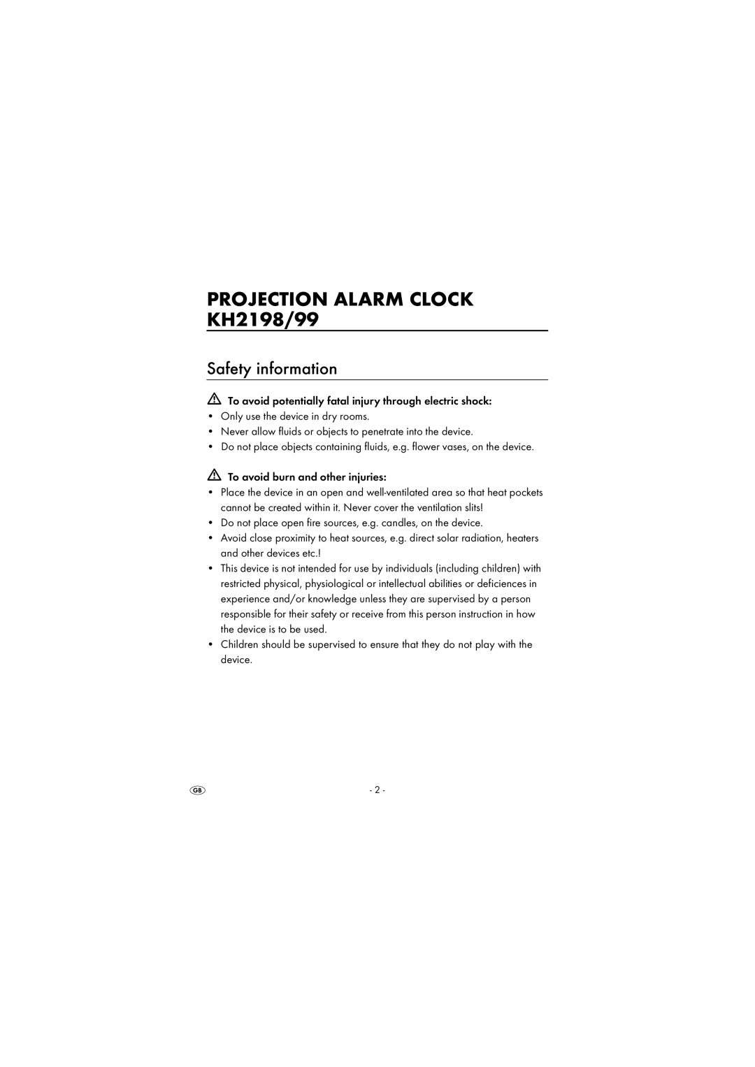 Kompernass KH 2199, KH 2198 manual PROJECTION ALARM CLOCK KH2198/99, Safety information 