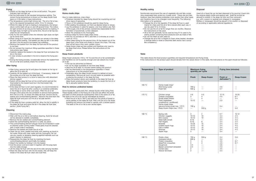 Kompernass KH 2200 manual Frying, Healthy eating Disposal, Home-made chips, After frying, Cleaning, Deep-frozen products 