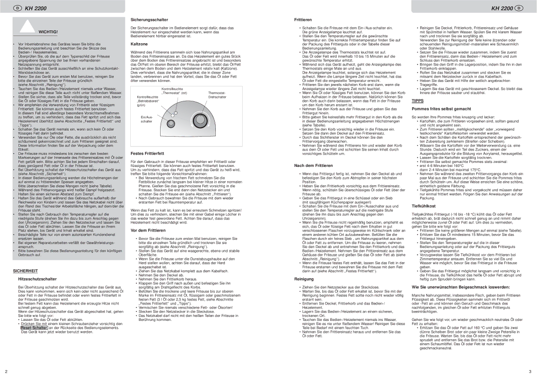 Kompernass KH 2200 manual Wichtig, Sicherheit, Tipps 