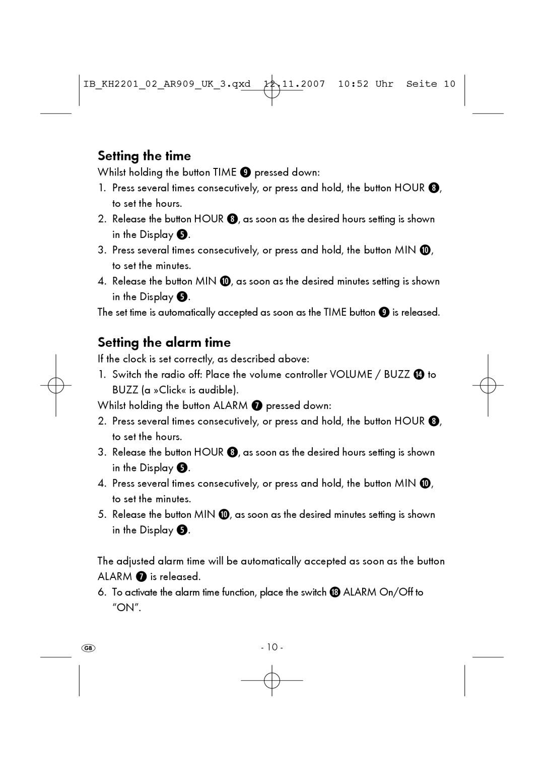 Kompernass KH 2201 manual Setting the time, Setting the alarm time 