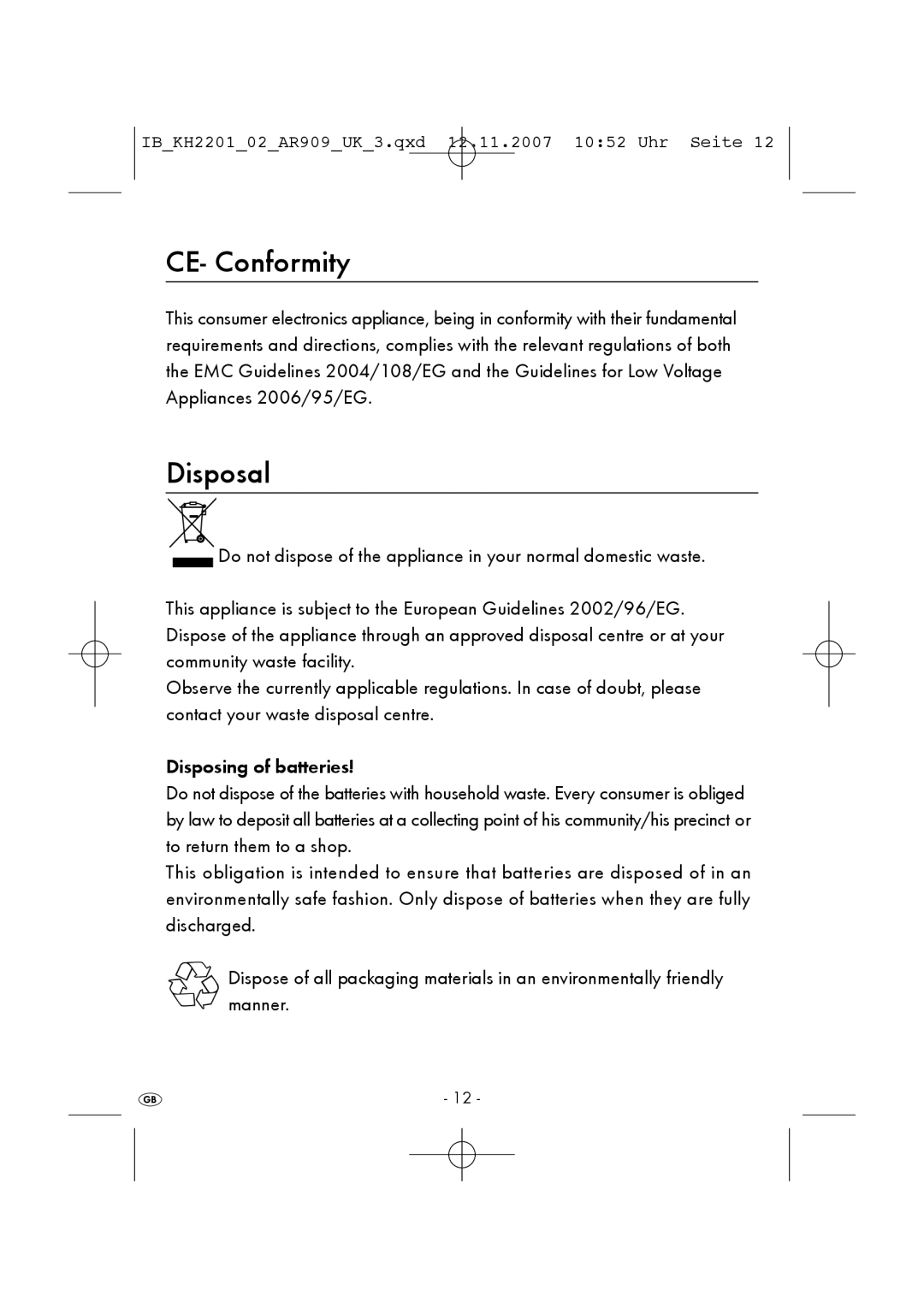 Kompernass KH 2201 manual CE- Conformity, Disposal 