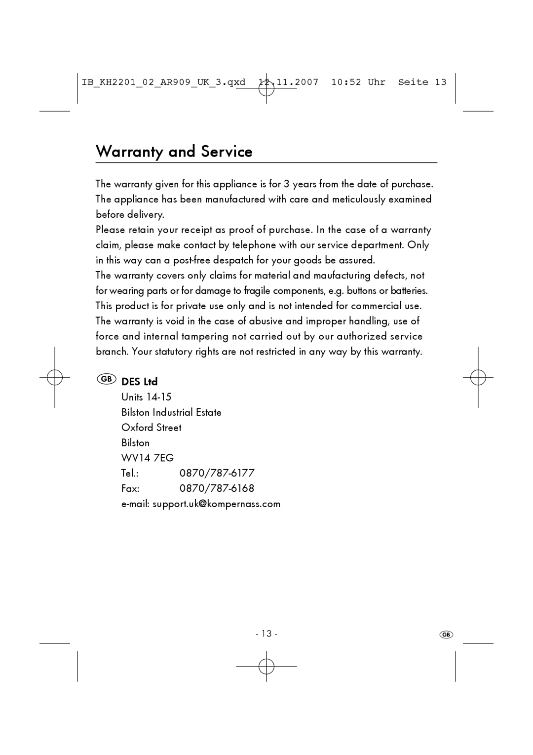 Kompernass KH 2201 manual Warranty and Service 