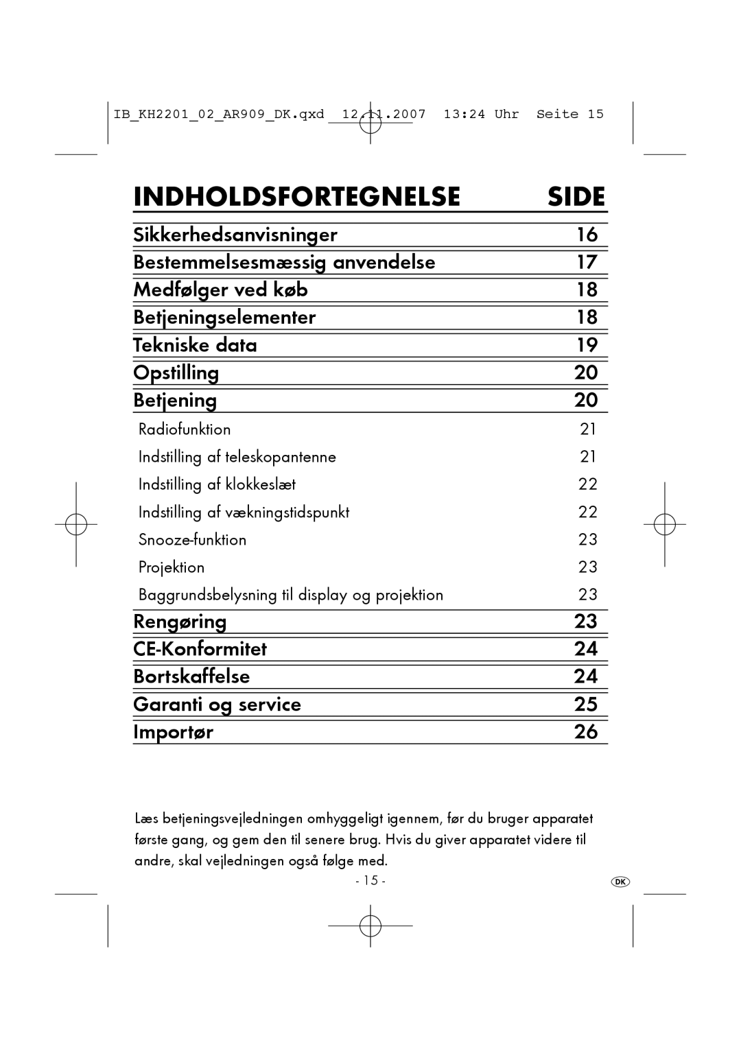 Kompernass KH 2201 manual Indholdsfortegnelse Side 