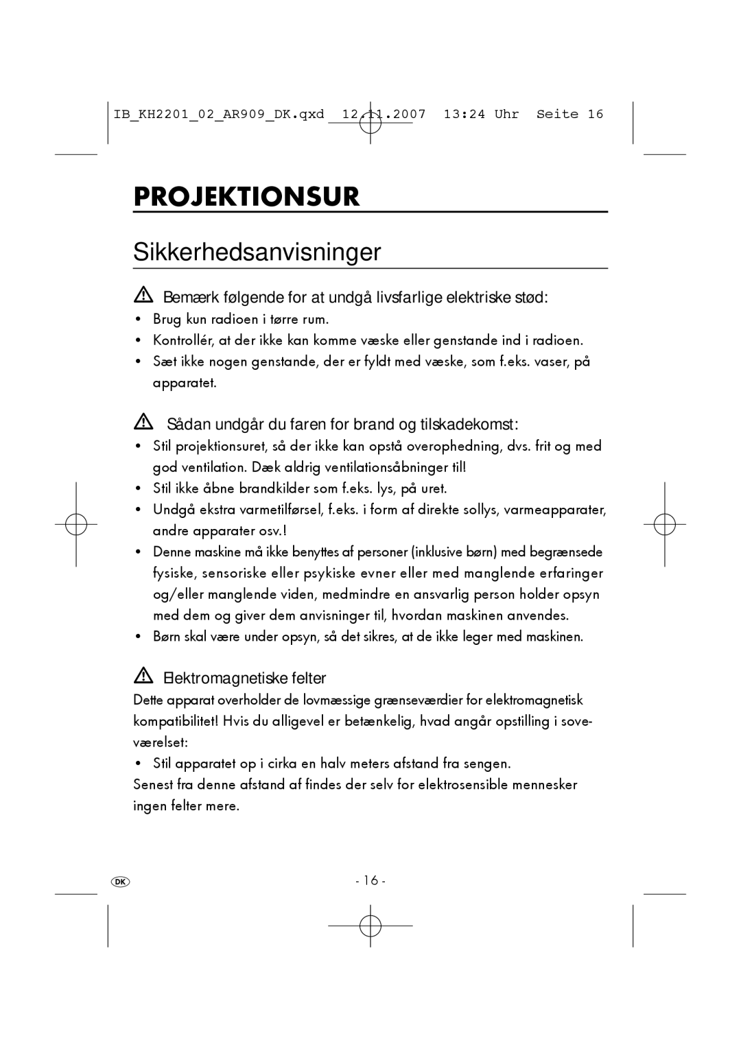 Kompernass KH 2201 manual Projektionsur, Sikkerhedsanvisninger 