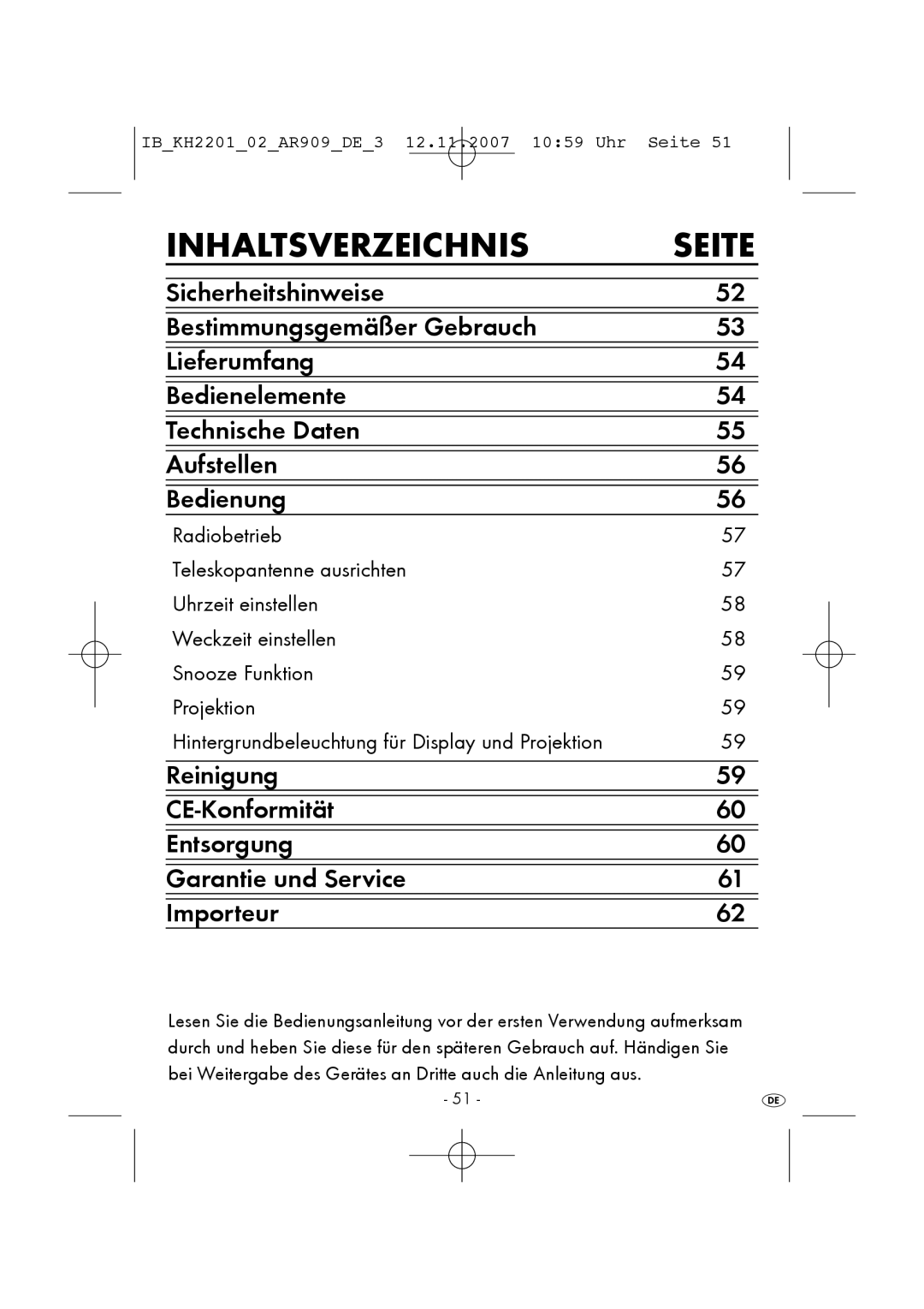 Kompernass KH 2201 manual Inhaltsverzeichnis, Seite 