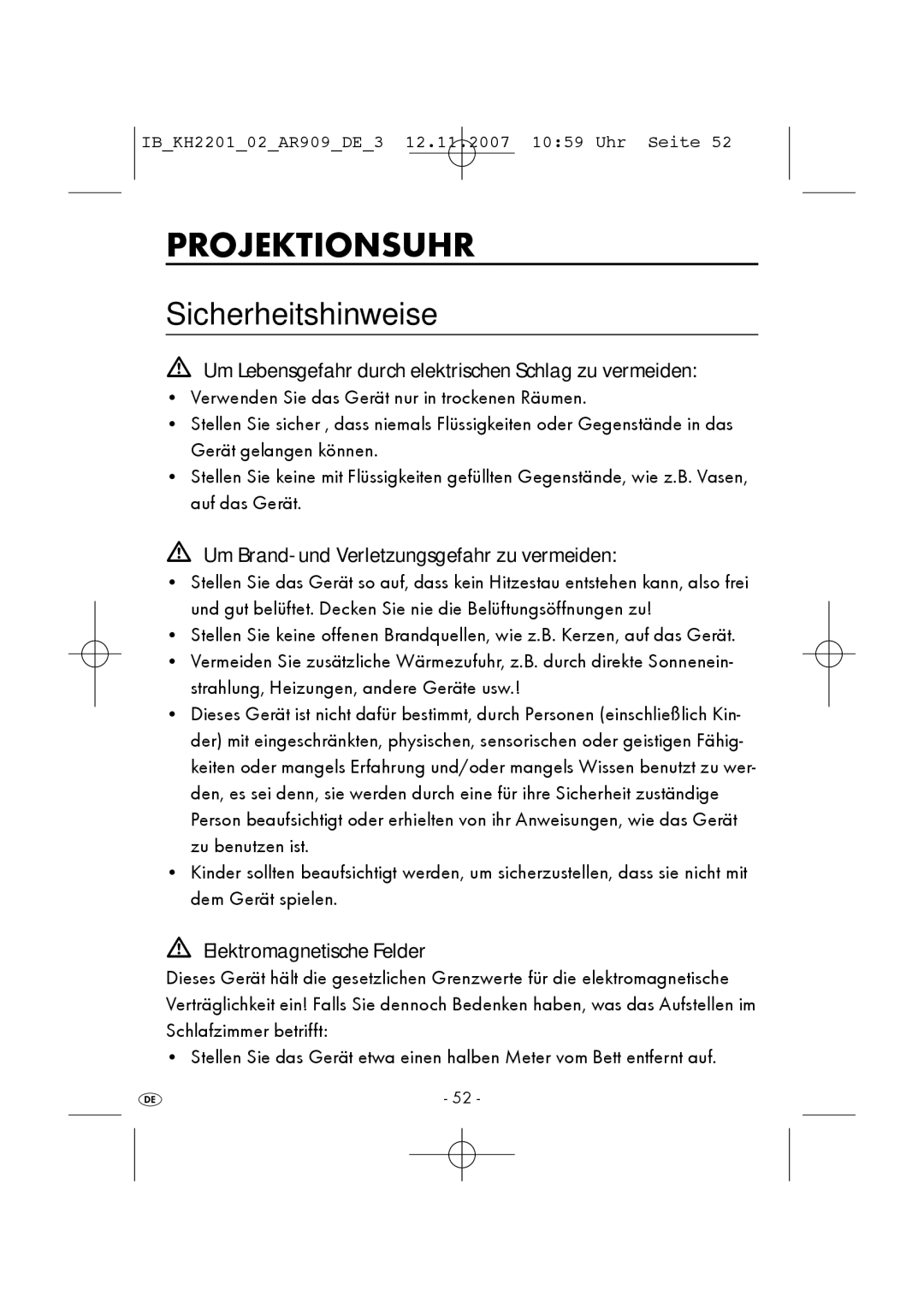 Kompernass KH 2201 manual Projektionsuhr, Sicherheitshinweise 