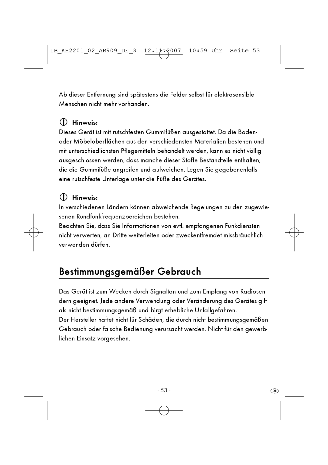 Kompernass KH 2201 manual Bestimmungsgemäßer Gebrauch 