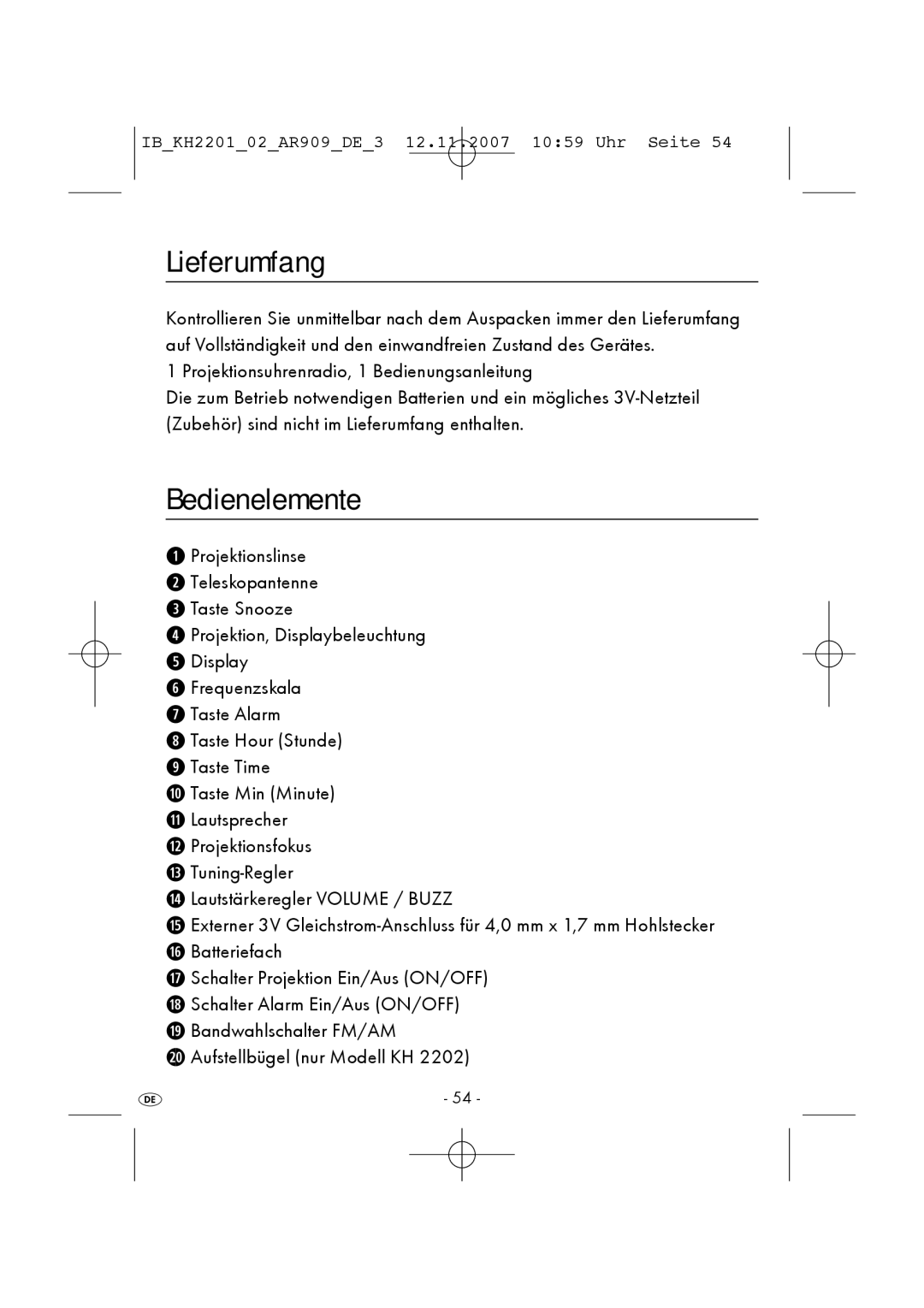 Kompernass KH 2201 manual Lieferumfang, Bedienelemente, Projektion, Displaybeleuchtung t Display 